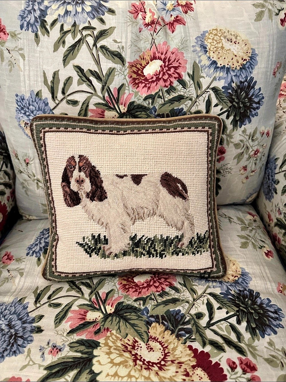 Needlepoint Dog Accent Pillow in Cream & Brown and green